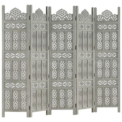 Mango Wood 5-Panel Room Divider in Grey - Hand-Carved Privacy Screen for Home Decor