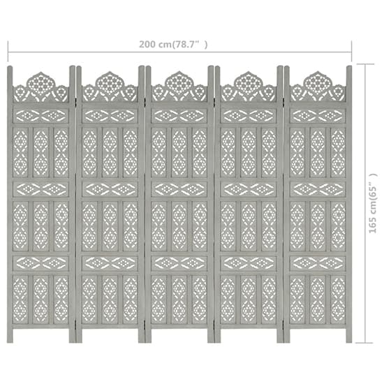 Mango Wood 5-Panel Room Divider in Grey - Hand-Carved Privacy Screen for Home Decor