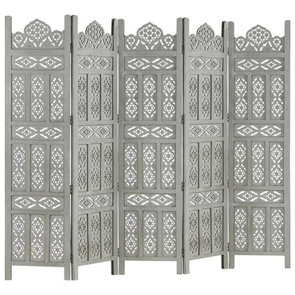 Mango Wood 5-Panel Room Divider in Grey - Hand-Carved Privacy Screen for Home Decor