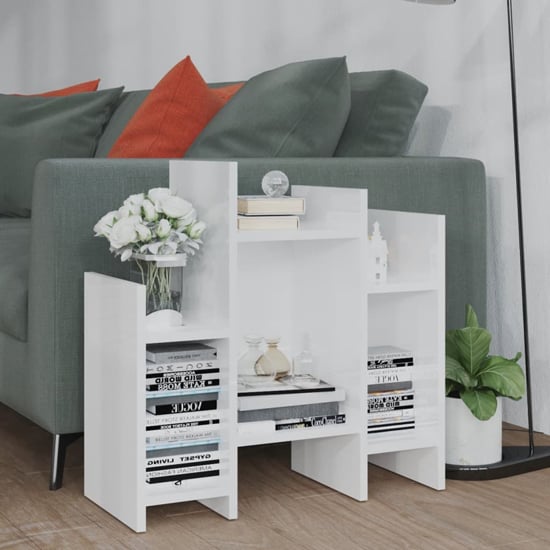 FURCO White High Gloss Side Table with 6 Shelves for Living Room Storage