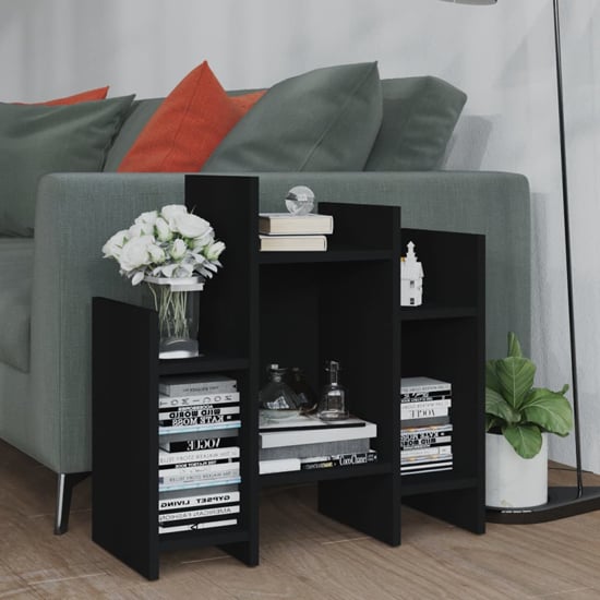 FURCO Black Wooden Side Table with 6 Shelves for Living Room Storage