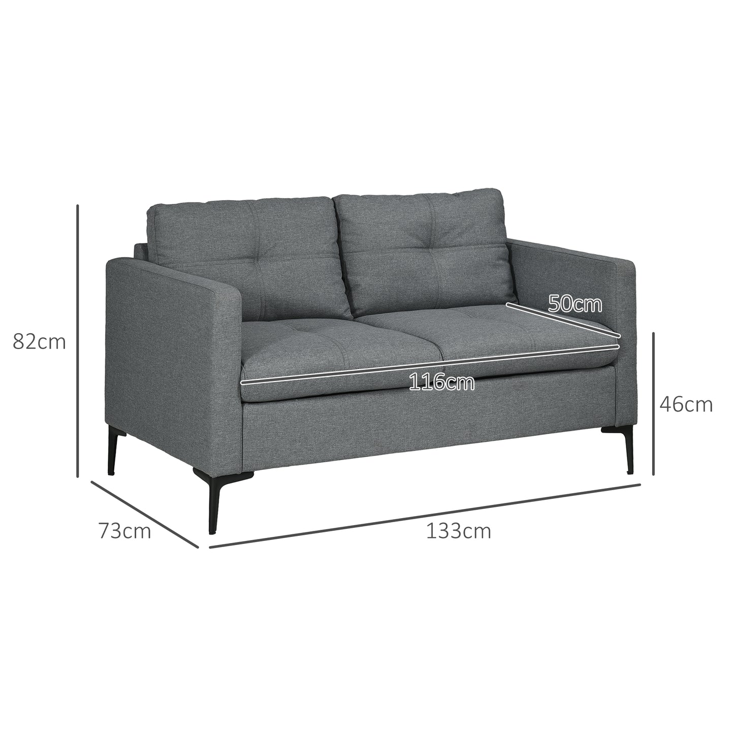 HOMCOM 2 Seater Sofa, with Steel Legs - Grey Fabric