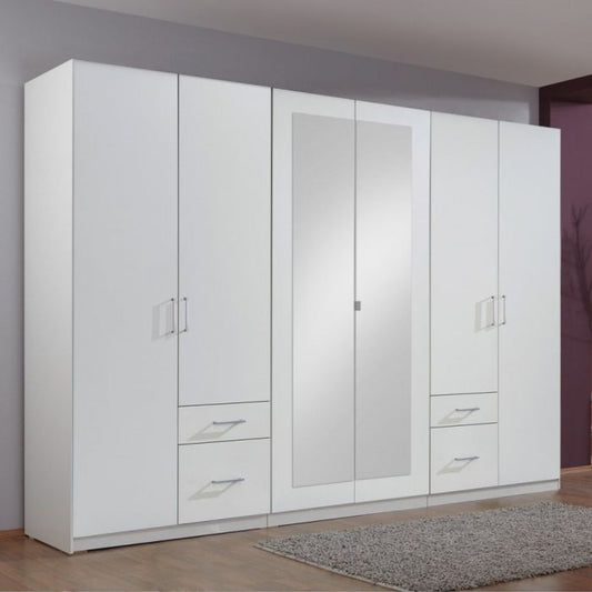 Flock 6 Door 4 Drawer Mirrored Wardrobe in White | Spacious & Modern | Furco