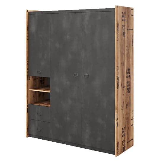 Flint Raw Steel Concrete Effect Wooden Wardrobe | Hinged | Multi-Color | Shelves | 2 Doors | 180cm