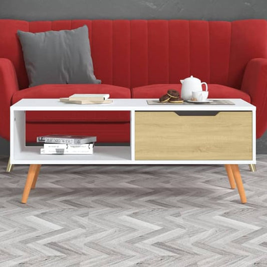 Floria White and Sonoma Oak Coffee Table with Drawer for Modern Living Rooms