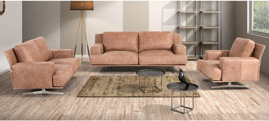 Foster 3+2+1 Camel Suede Sofa Set with Chrome Legs - Durable Hardwood Frame, Available in Multiple Leathers and Colors, 10-Year Warranty on Frame and Pocket Springs