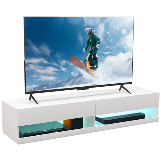 HOMCOM loating TV Unit, Wall Mounted TV Cabinet for TVs up to 65", High Gloss Media Wall Unit with LED Lights, Storage Shelves for Living Entertainment Room, White