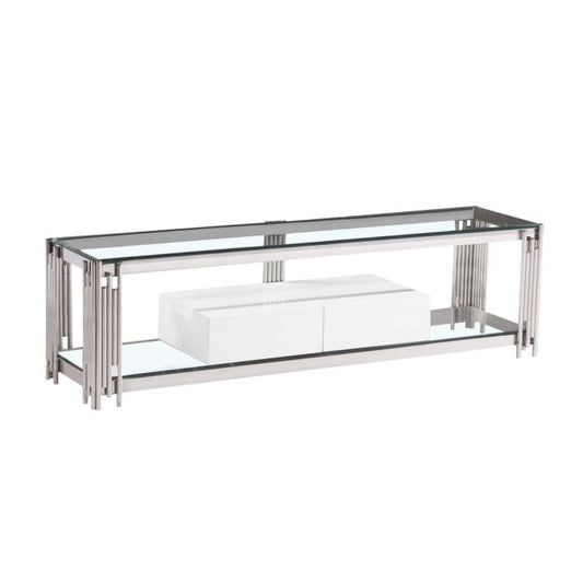 Lesbury Modern Clear Glass TV Unit with High Gloss White Drawer & Silver Stainless Steel Frame