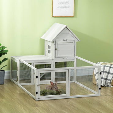 PawHut Indoor Rabbit Hutch, Guinea Pig Cage, with Slide-Out Tray, Large Fenced Area - Light Grey