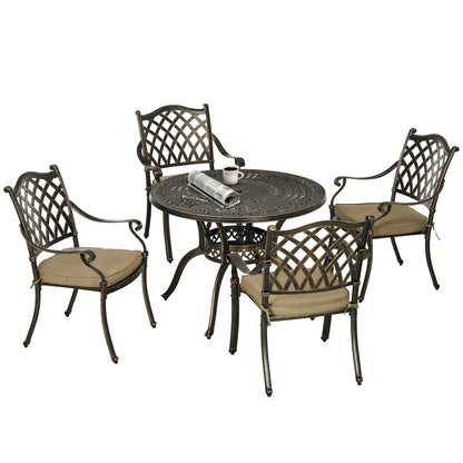 Outsunny 4 Seater Outdoor Dining Set Antique Cast Aluminium Garden Furniture Set with Cushions Round Dining Table with Parasol Hole, Bronze