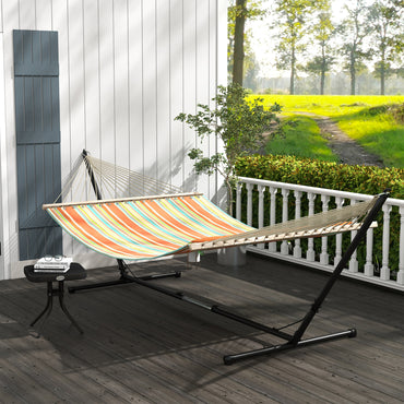 Outsunny Outdoor Garden Hammock with Stand, Double Cotton Hammock with Adjustable Steel Frame, Swing Hanging Bed with Pillow, for Garden, Patio, Beach, Red Stripes