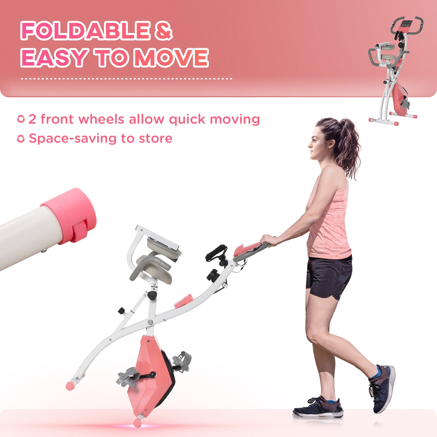 HOMCOM -in-1 Folding Exercise Bike with 8-Level Magnetic Resistance, Arm Resistance Band, Pulse Sensor, Pink