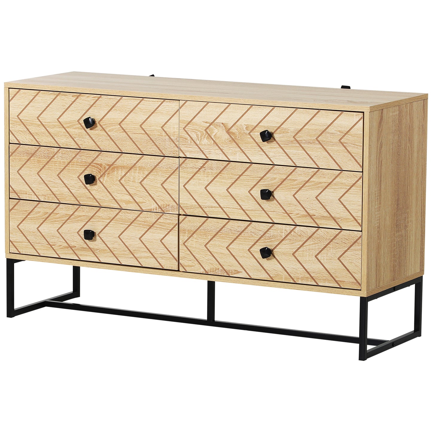 HOMCOM edroom Chest of Drawers, 6 Drawer Dresser, Sideboard Cabinet with Zigzag Design and Metal Base, Storage Drawer Unit, 120x71cm, Natural