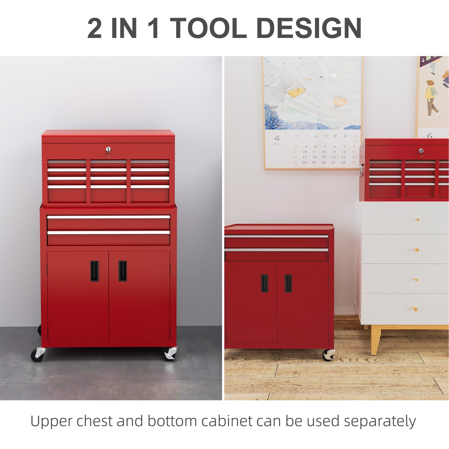 HOMCOM ortable Tool Box, Metal Tool Chest on Wheels with 6 Drawers for Garage and Workshop, Red