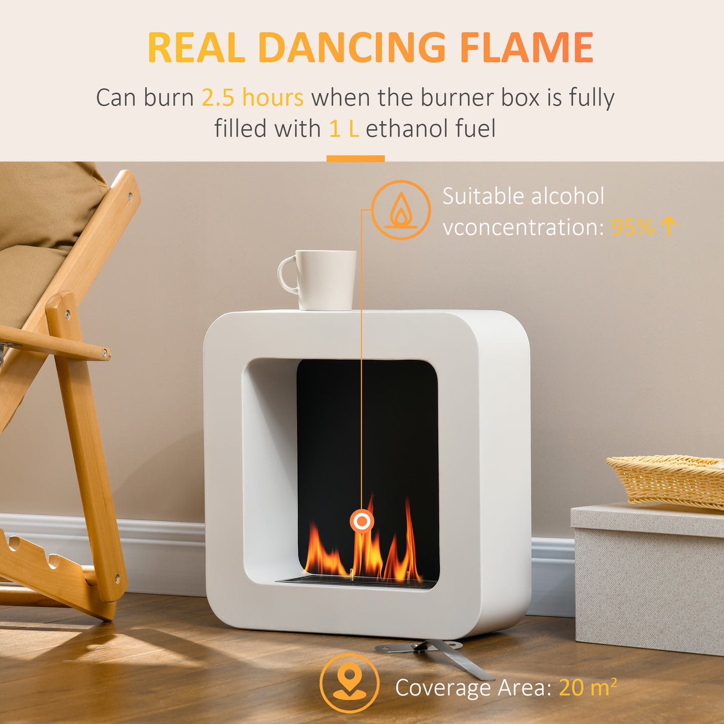 HOMCOM all Mounted Ethanol Fireplace, Bioethanol Heater Stove Fire with 1L Tank, 2.5 Hour Burning Time, White