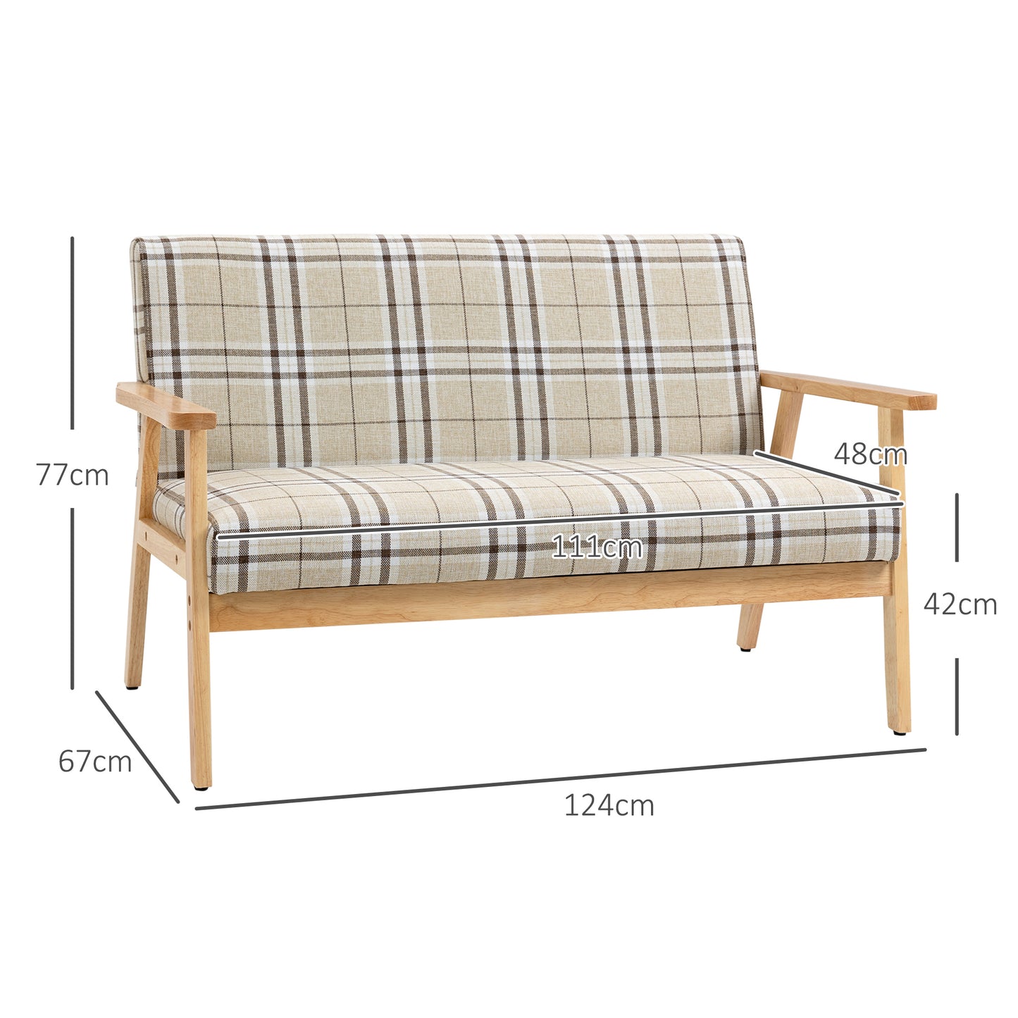 HOMCOM ompact Loveseat Couch Double Seat Sofa with Lattice Pattern and Rubber Wood Frame Beige and Coffee