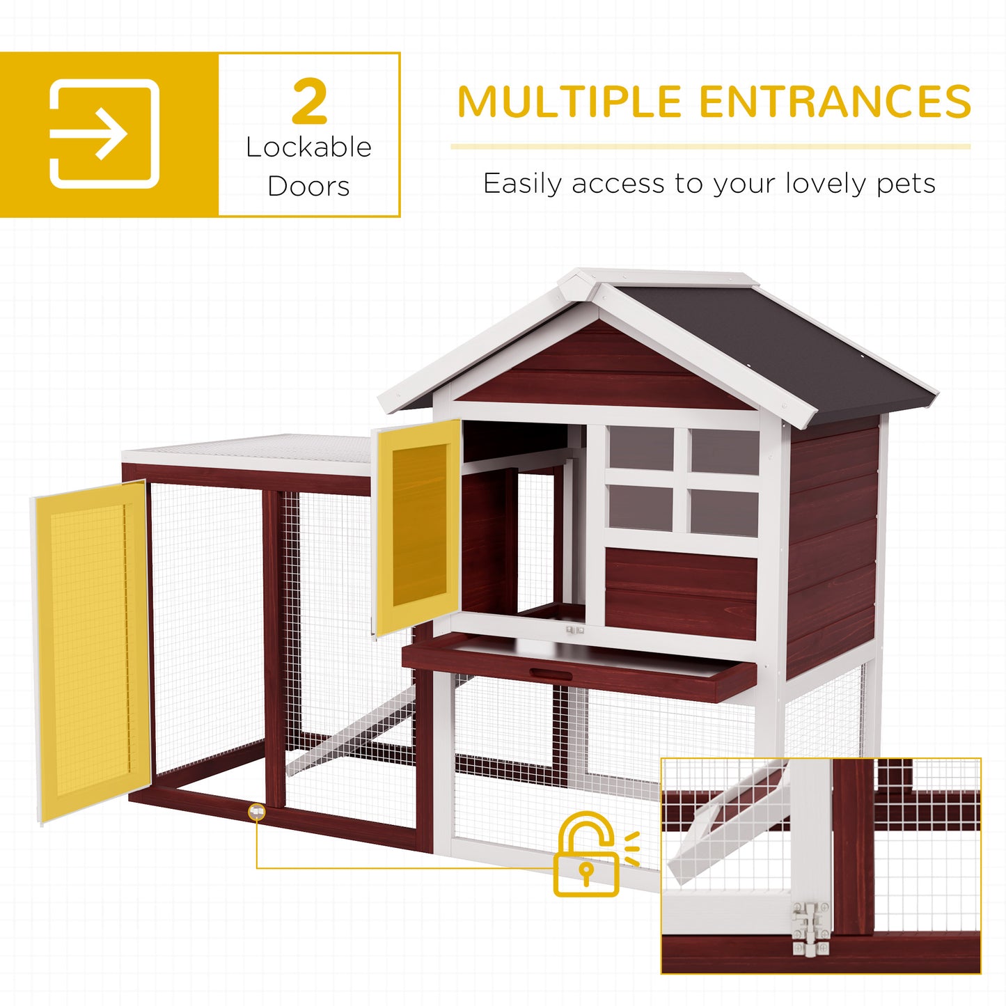 PawHut Rabbit Hutch Outdoor Wooden Guinea Pig Hutch Rabbit Run Bunny Cage Small Animal House Pull-Out Tray, Brown, 122 x 62.6 x 92 cm