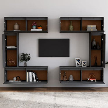 FURCO Grey Solid Pinewood TV Unit with Wall-Mounted Cabinets