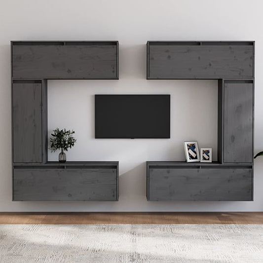 FURCO Grey Solid Pinewood TV Unit with Wall-Mounted Cabinets