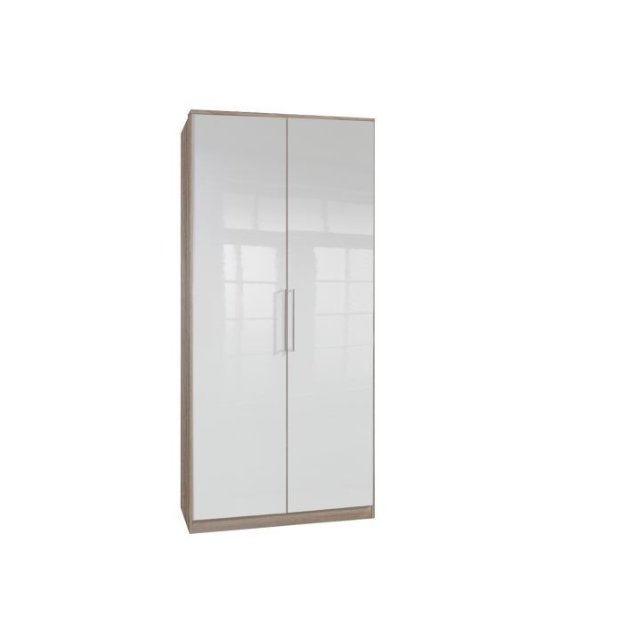 Gema Oak & White Gloss 2 Door Wardrobe | Hinged | Oak & White | Shelves | 2 Doors | 90cm