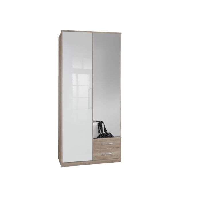 Gema Modern Oak & White Gloss Wardrobe | Hinged | Mirror | 2 Doors | 90cm