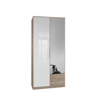 Gema 2 Door 2 Drawer Mirrored Wardrobe | Oak & White Gloss | Modern Fusion