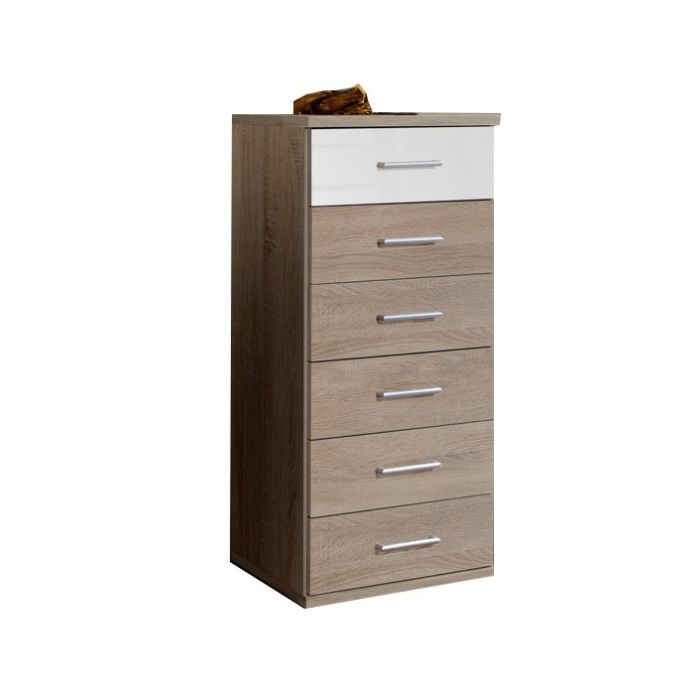 Gema 6 Drawer Narrow Storage Chest - Oak and White Gloss