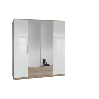 Gema Oak and White Gloss 4 Door 2 Drawer Mirrored Wardrobe | Modern Contrast