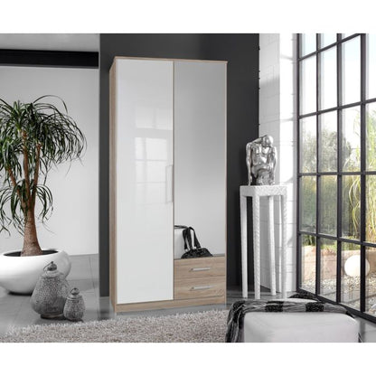 Gema 2 Door 2 Drawer Mirrored Wardrobe | Oak & White Gloss | Modern Fusion