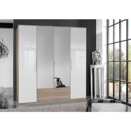 Gema Oak and White Gloss 4 Door 2 Drawer Mirrored Wardrobe | Modern Contrast