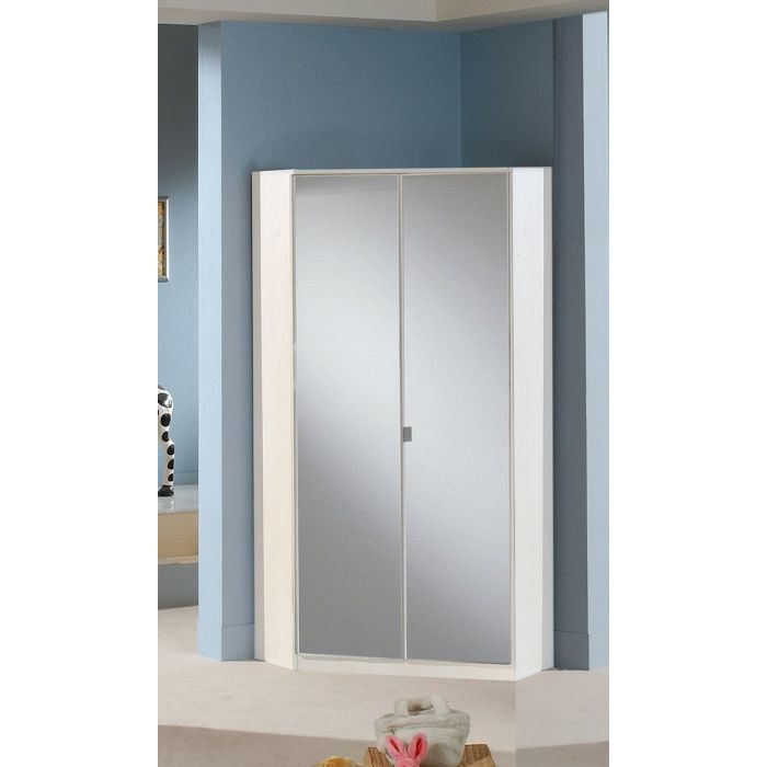 Gema White Gloss Mirrored Corner Wardrobe | Hinged | White | Mirror, 8 Shelves | 2 Doors | 95cm