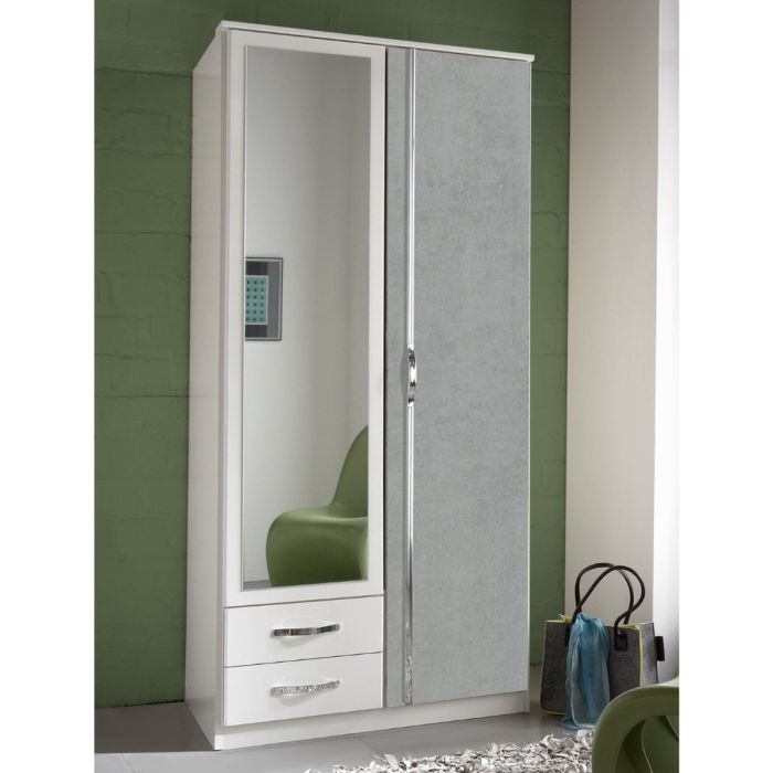 Dewi Mirrored 2-Door Wardrobe with 2 Drawers | Grey and White Contemporary Storage Solution | Furco