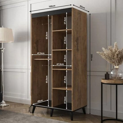 Chestnut Sliding Mirrored Wardrobe with 2 Doors - 100cm Width