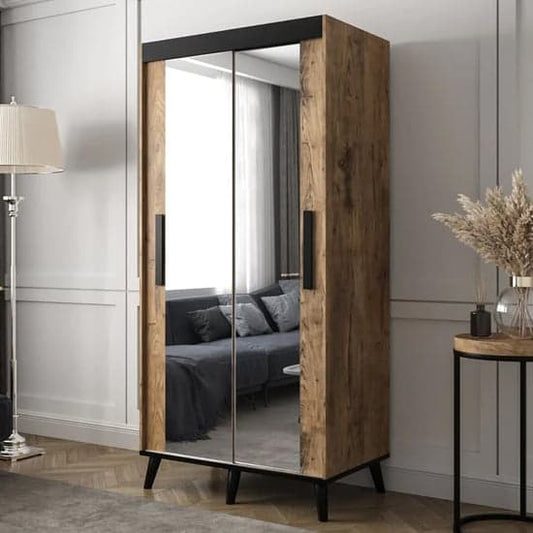 Genoa III Chestnut Oak Sliding Mirrored Wardrobe with 2 Doors - 100cm Storage Solution