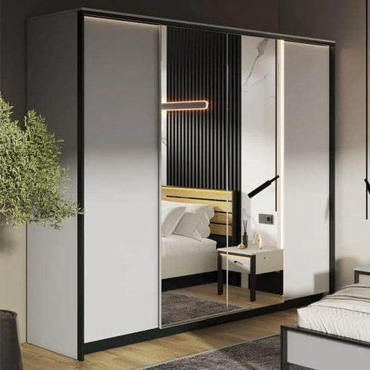 Genoa Grey 4-Door Mirrored Wardrobe with LED Lighting | Hinged | Grey | Mirror, LED | 4 Doors | 250cm