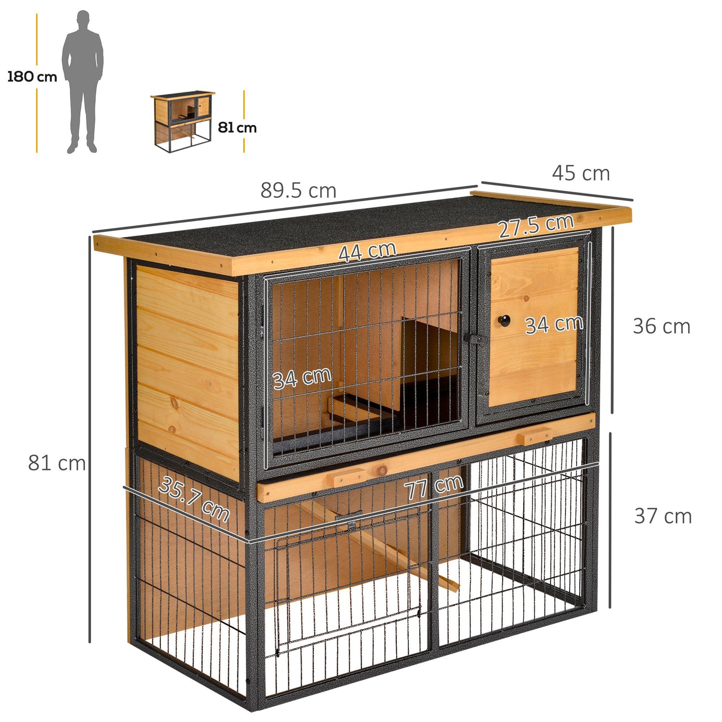 PawHut Guinea Pig Hutch Rabbit Hutch Wood-metal Elevated Pet House Bunny Cage with No-Leak Tray Ramp Openable Roof Outdoor 89.5 x 45 x 81cm Light Yellow