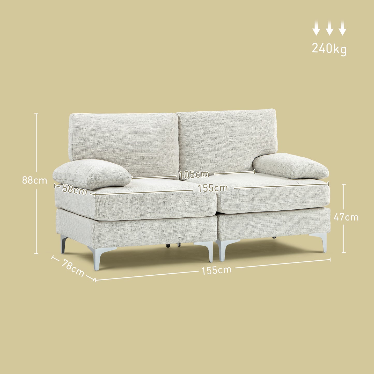 HOMCOM Seater Sofa, Modern Fabric Loveseat with Spring Cushion and Metal Legs, Small Couch for Living Room, Bedroom, Home Office, Reception, Cream White