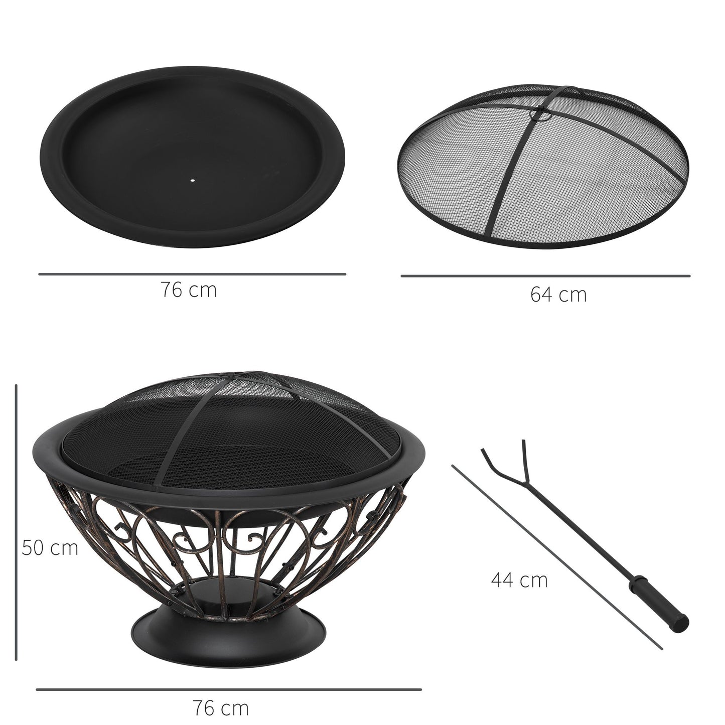 Outsunny Outdoor Fire Pit for Garden, Metal Fire Bowl Fireplace with Spark Screen, Poker, Log Grate and Rainproof Cover, Patio Heater, Bronze