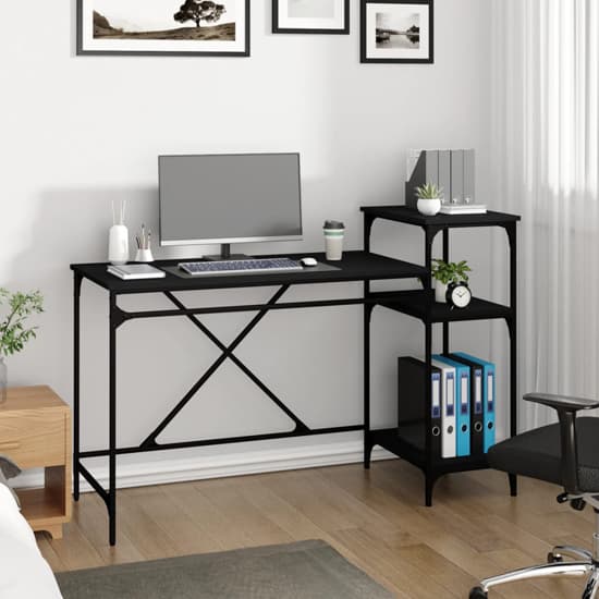 Furco Gia Large Black Wooden Computer Desk with Shelves for Home Office