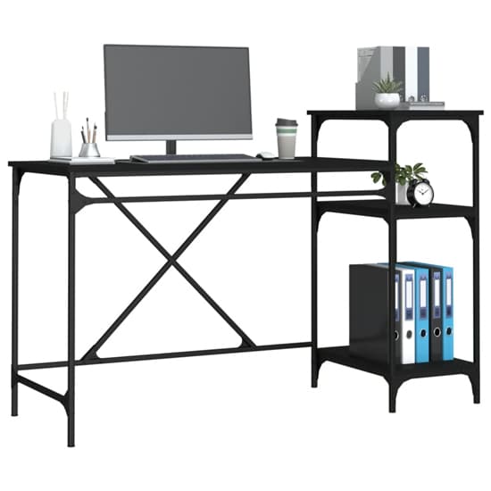 Furco Gia Large Black Wooden Computer Desk with Shelves for Home Office