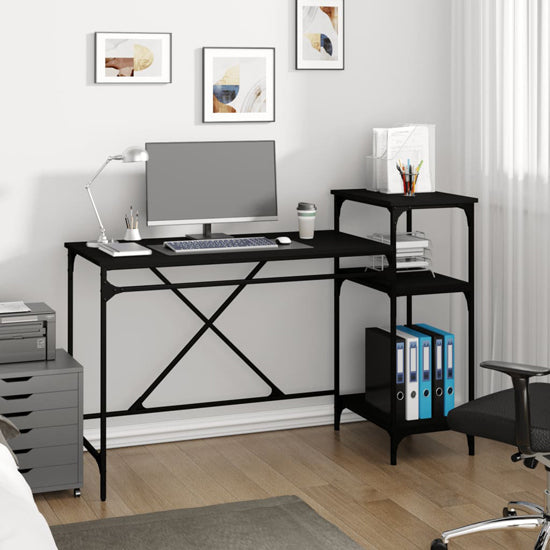 Furco Gia Large Black Wooden Computer Desk with Shelves for Home Office