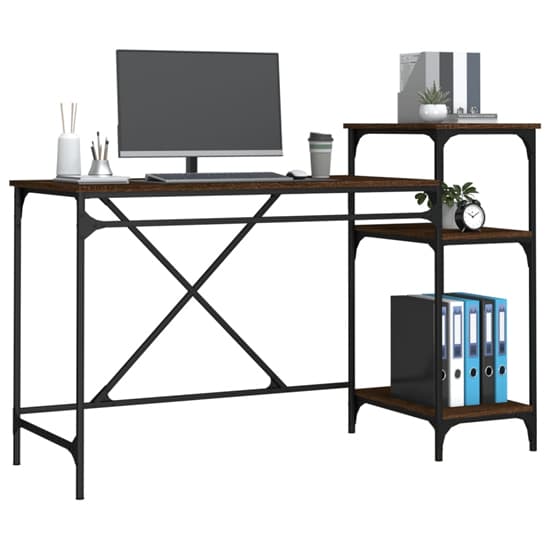 Furco Gia Large Brown Oak Computer Desk with Shelves for Home Office