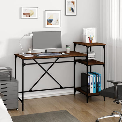 Furco Gia Large Brown Oak Computer Desk with Shelves for Home Office