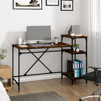 Furco Gia Smoked Oak Wooden Computer Desk with Shelves for Home Office