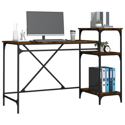 Furco Gia Smoked Oak Wooden Computer Desk with Shelves for Home Office