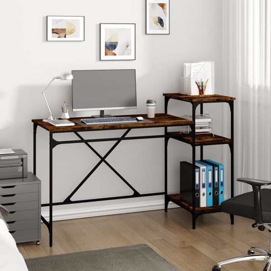 Furco Gia Smoked Oak Wooden Computer Desk with Shelves for Home Office