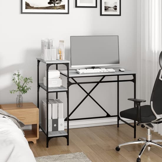 Compact Grey Sonoma Oak Wooden Computer Desk with Shelves for Home Office