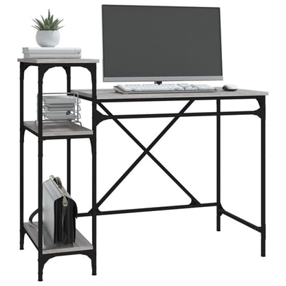 Compact Grey Sonoma Oak Wooden Computer Desk with Shelves for Home Office