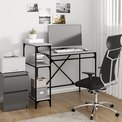 Compact Grey Sonoma Oak Wooden Computer Desk with Shelves for Home Office