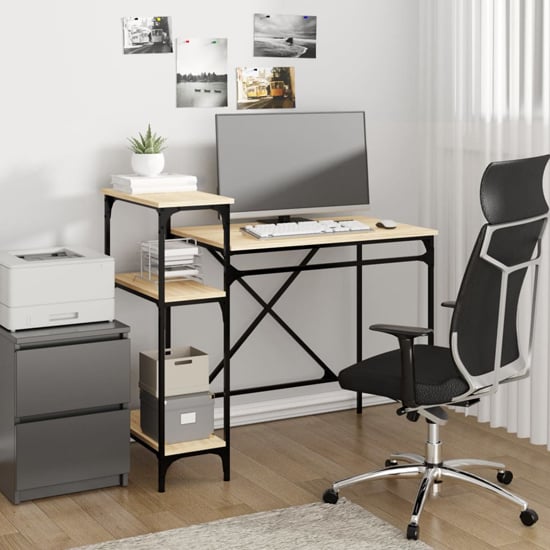 Furco Gia Sonoma Oak Wooden Computer Desk with Shelves for Home Office